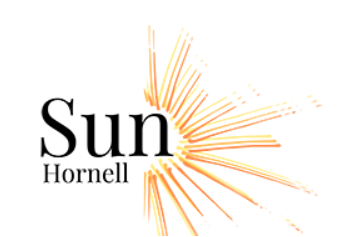White background with black letters, yellow, orange and red sun burst on the right of the letters