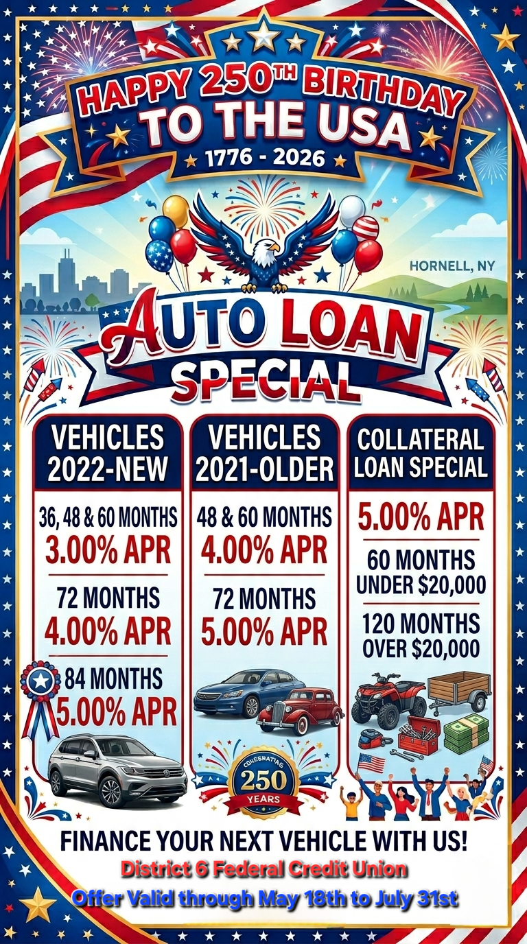 District 6 FCU Auto Loan and Collateral Loan Special Auto Loan and Collateral Loan specials for District 6 FCU celebrating U.S.A's 250th birthday. Flyer is red, white and blue with balloons, ribbons and fireworks