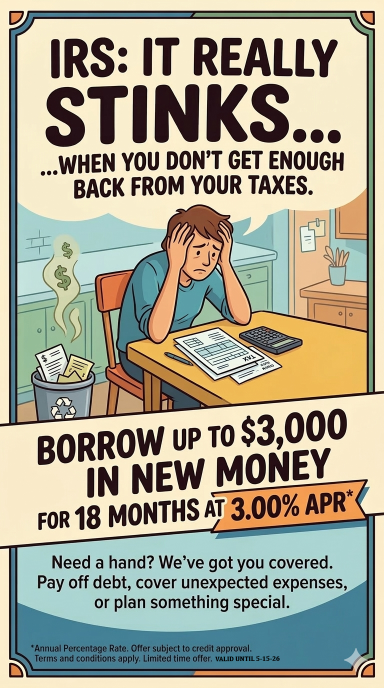 Cartoon of guy sitting at a desk with paperwork holding his head in his hands with the content IRS: It really stings ... when you don't get enough back from your taxes. Borrow up to $3,000 in new money for 18 months at 3.00% APR* Need a hand? We've got you covered. Pay off debt, cover unexpected expenses, or plan something special. *Annual Precentage Rate. Offer subject to credit approval. Terms and conditions apply. Limited time offer, Valid until 5-15-2026